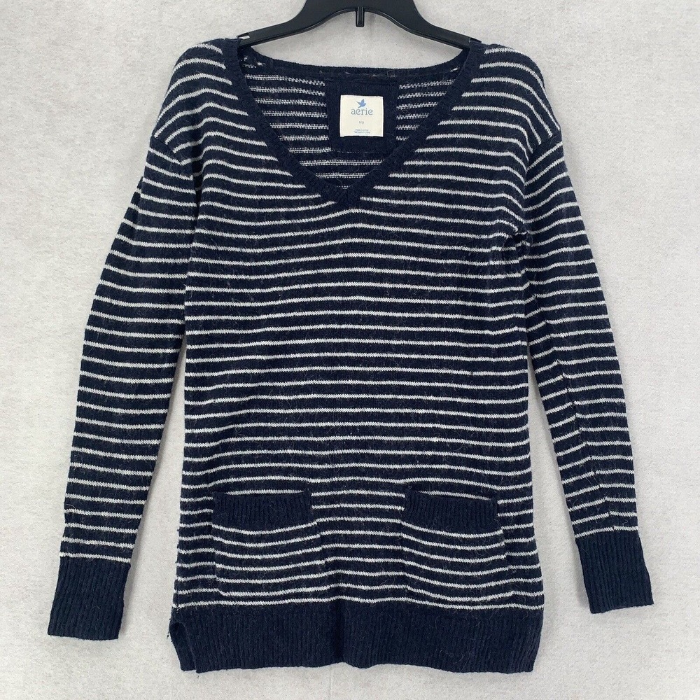 American Eagle Aerie Wool Alpaca‎ Striped Blue White Pockets Sweater Womens SP